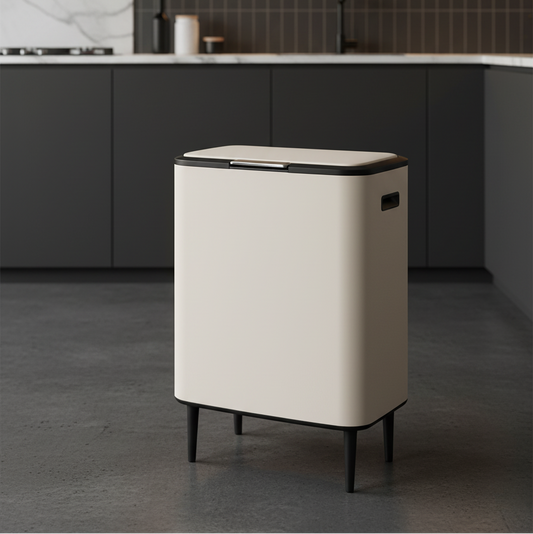 פח אשפה מעוצב 60 ליטר שמנת נפתח בלחיצה עם פח פנימי נשלף