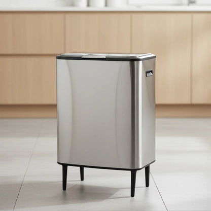 פח אשפה מעוצב 60 ליטר כסוף נפתח בלחיצה עם פח פנימי נשלף