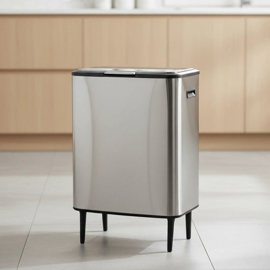 פח אשפה מעוצב 60 ליטר כסוף נפתח בלחיצה עם פח פנימי נשלף